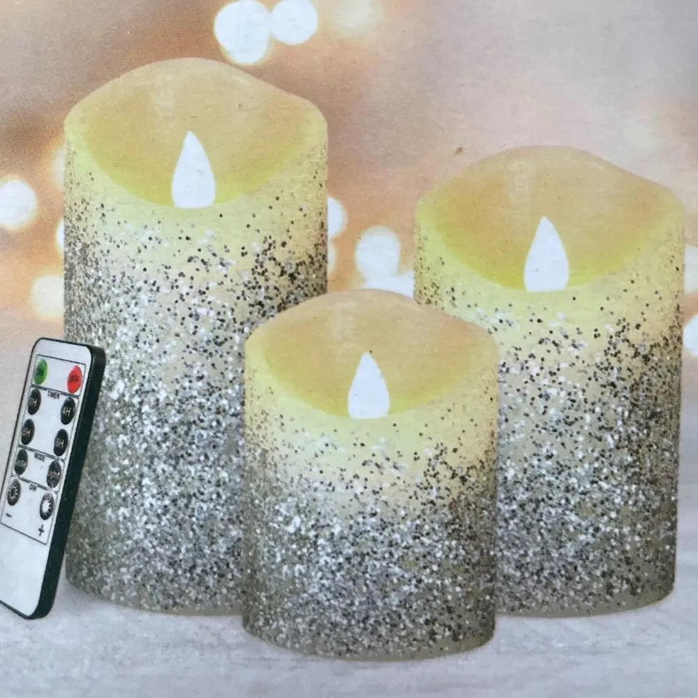 Set of 3 Silver Glitter Flameless LED Candles Battery Operated Holiday Decor NEW